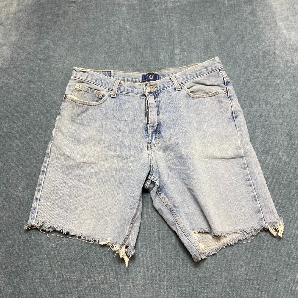 Izod Shorts Mens 36 Blue Denim Cotton Relaxed Fit Frayed Hem Comfort Outdoor